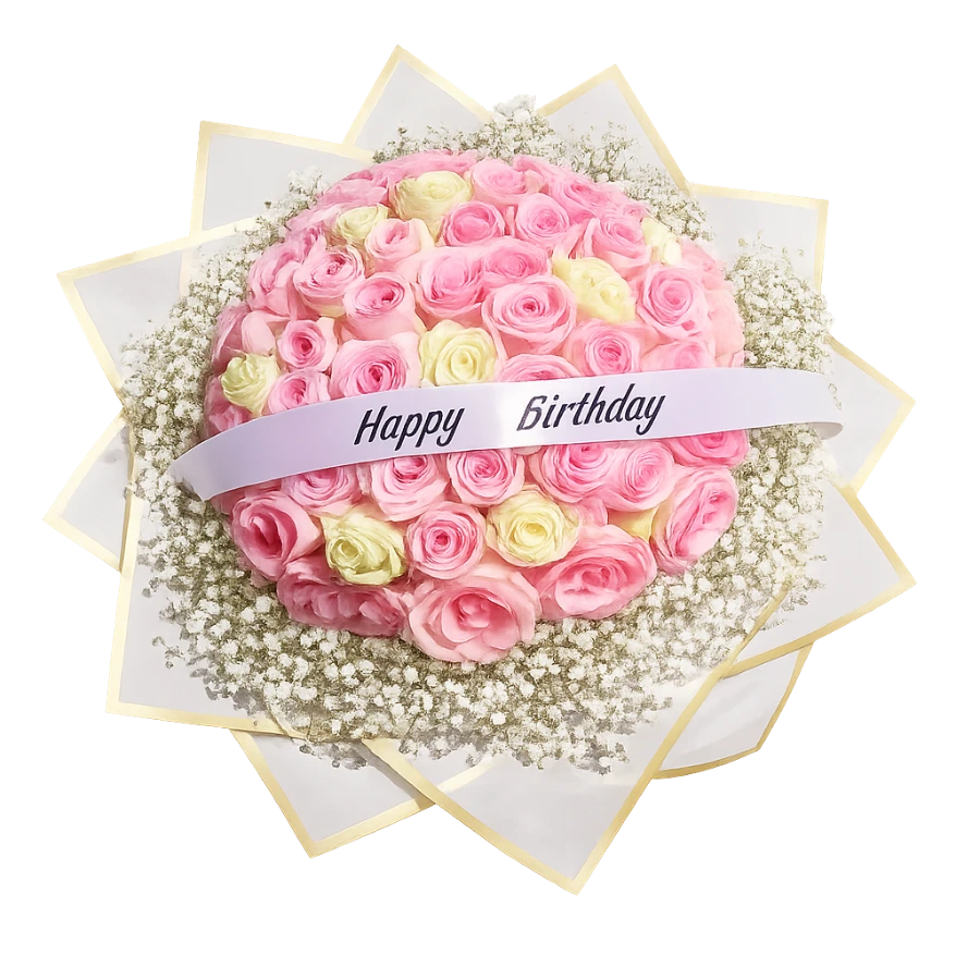 Runder Geburtstagsstrauß aus rosa und cremefarbenen Rosen mit Schleierkraut, Happy-Birthday-Schriftband und weißem Papierfächer