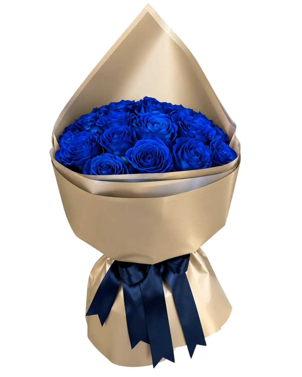 Strauß aus königsblauen Rosen in goldenem Papier mit dunkelblauer Schleife