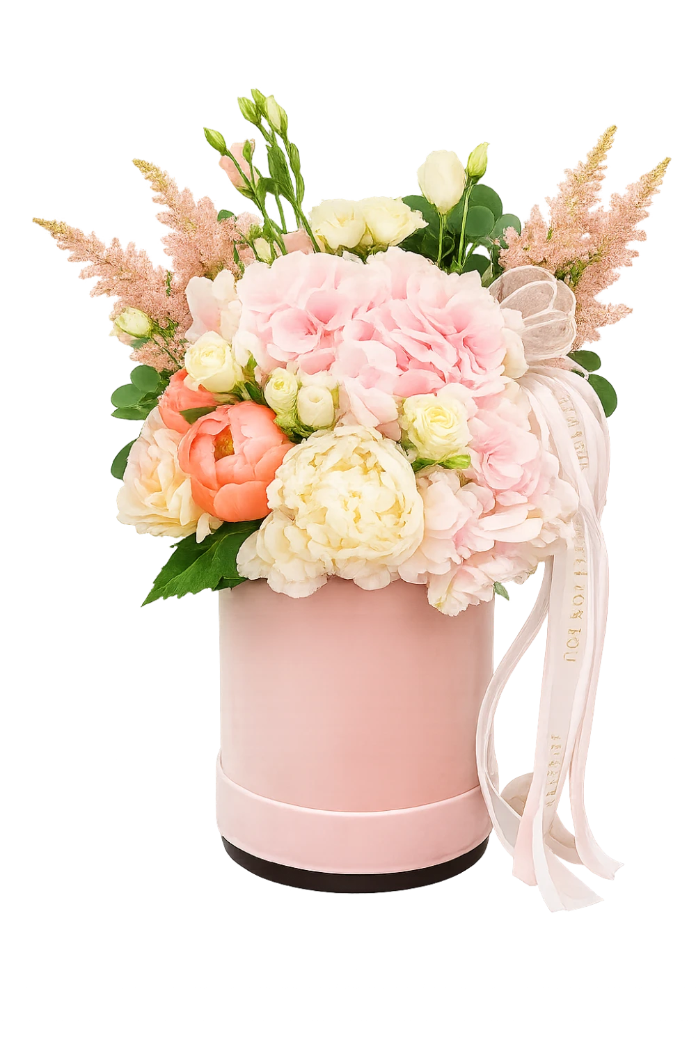 Rosa Blumenbox mit Pfingstrosen, Hortensien und Lisianthus