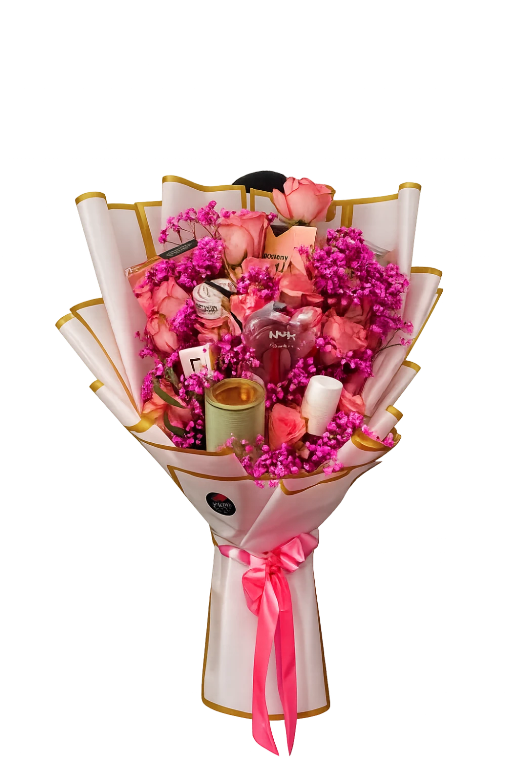 Weiß-goldenes Geschenk-Bouquet mit Rosen, Parfum und kleinen Präsenten