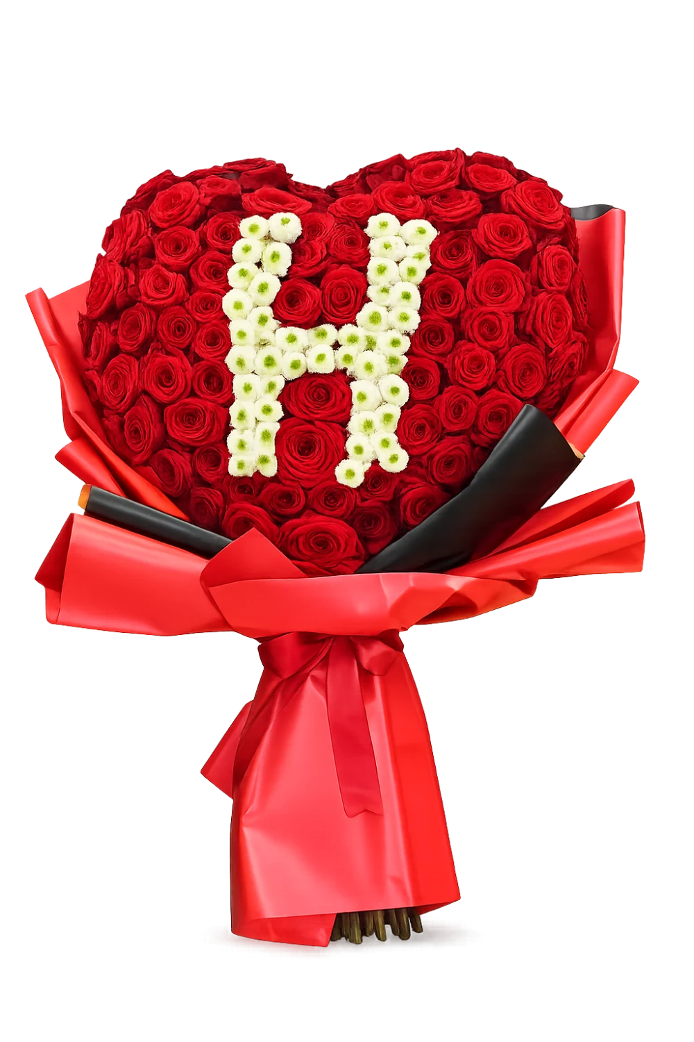 Herzförmiger Strauß aus roten Rosen mit Monogramm aus weißen Santini-Chrysanthemen