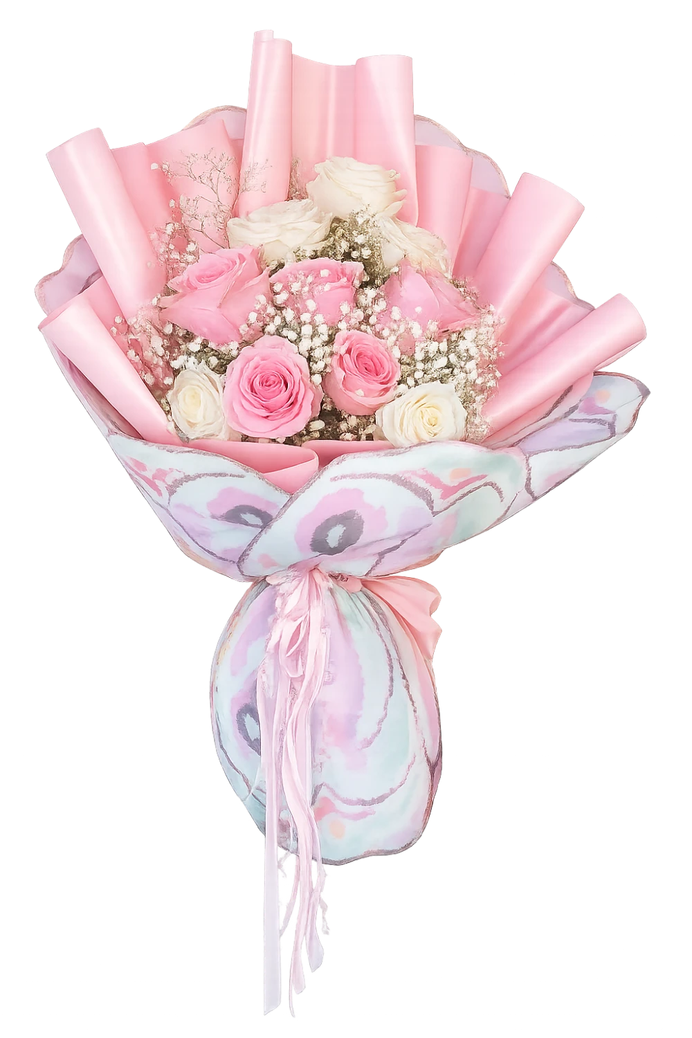 Pastellfarbener Strauß aus rosa und cremefarbenen Rosen mit Schleierkraut
